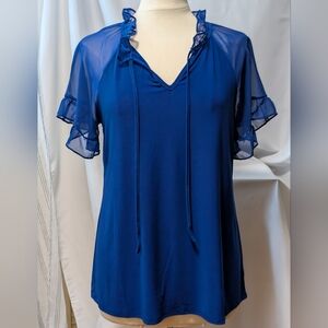 Sale Price Royal Blue Sheer Sleeve Pop Up Colar Women's blouse top. Zero 2 Eight